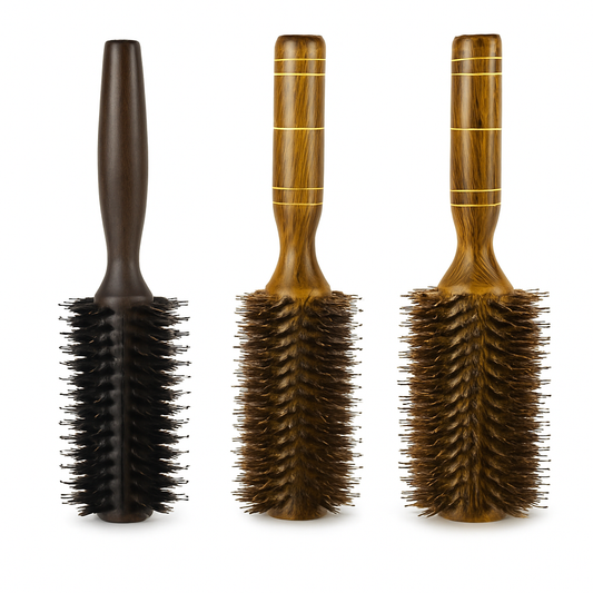 💈 Brosse Ronde Professionnelle en Bois – Poils de Sanglier & Nylon pour Coiffure Parfaite